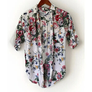 Atlast Studio Woman White Floral Blouse Button Shirt Cottage Top Size Small